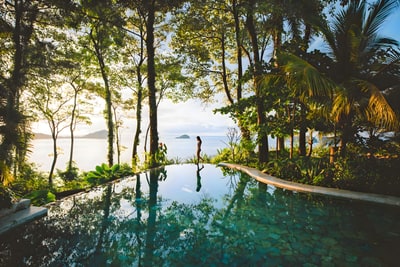 A clifftop infinity pool framed by rainforest overlooking a calm Pacific bay, Costa Rica
